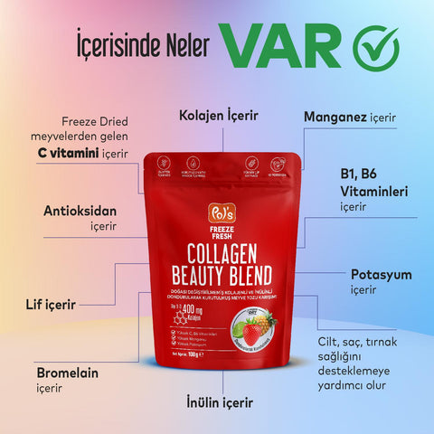 Pol's Freeze Fresh Beauty Blend 100 g, Dondurularak Kurutulmuş Meyve Tozu, Kolajen, İnülin, Yüksek Lif, Manganez