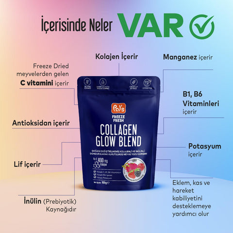 Pol's Freeze Fresh Glow Blend 100 g, Dondurularak Kurutulmuş Meyve Tozu, Kolajen, İnülin, Yüksek Lif, Manganez