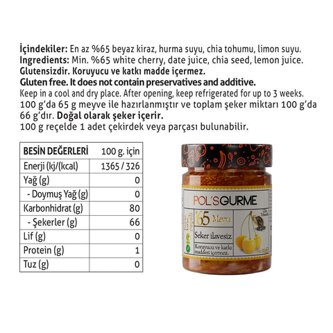 Pol'sGurme Beyaz Kiraz Reçeli Chia Tohumlu Şeker İlavesiz %65 Meyve Oranlı 285 g