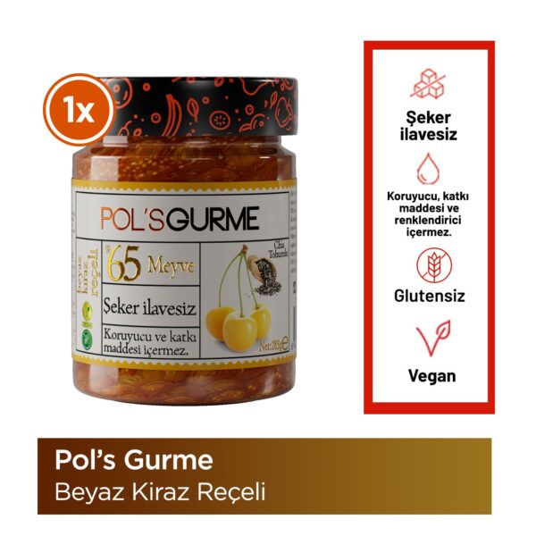 Pol'sGurme Beyaz Kiraz Reçeli Chia Tohumlu Şeker İlavesiz %65 Meyve Oranlı 285 g